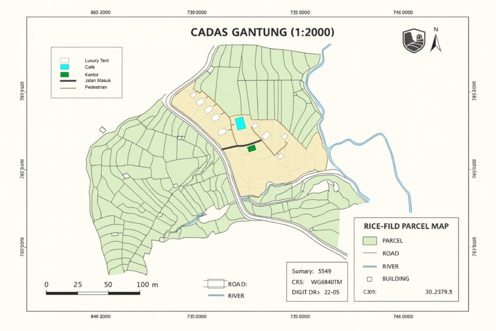 Tata Ruang kawasan Cadas Gantung dengan peta zonasi persawahan, tebing, dan sungai. Menampilkan sirkulasi pengunjung, koridor pandang, serta akses menuju lokasi tempat wisata Bandung dan Jawa Barat.