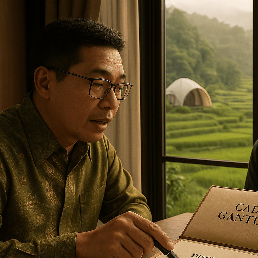 Status pengembangan kawasan wisata Cadas Gantung Bandung menampilkan peta perencanaan, masterplan indikatif, serta visual simulasi digital sebagai pratinjau resmi yang transparan sebelum tahap konstruksi fisik dimulai.