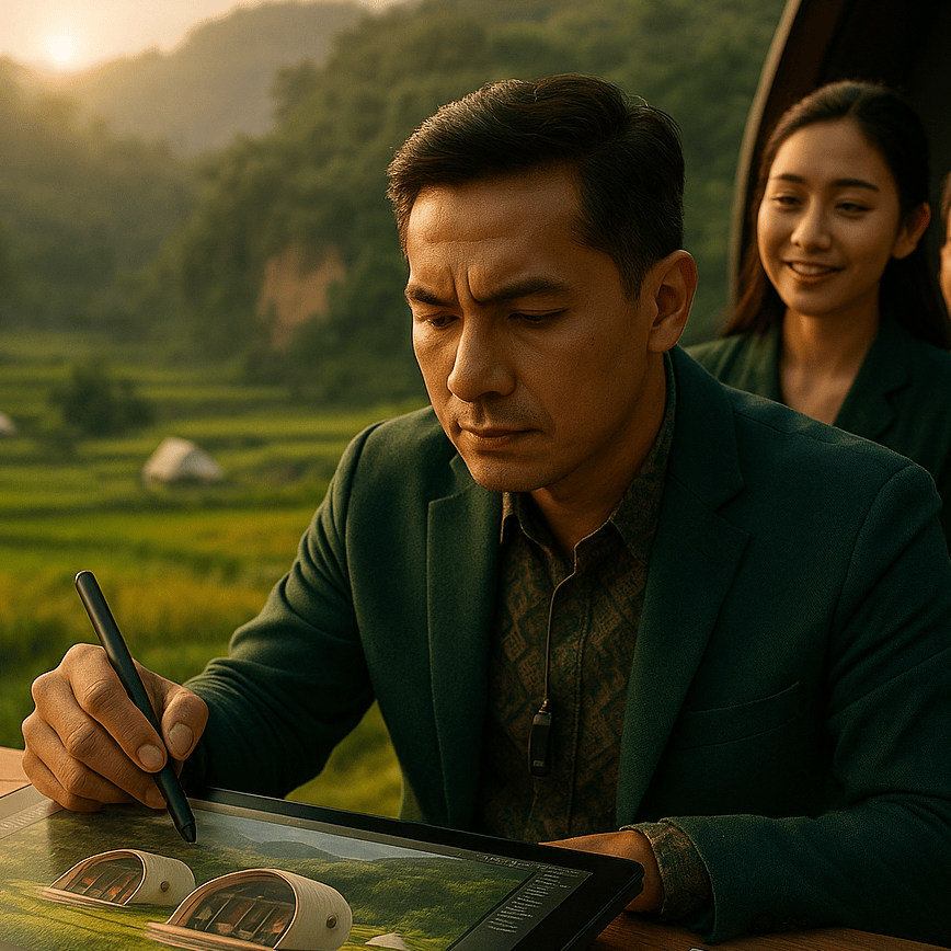 Status pengembangan kawasan wisata Cadas Gantung Bandung menampilkan peta perencanaan, masterplan indikatif, serta visual simulasi digital sebagai pratinjau resmi yang transparan sebelum tahap konstruksi fisik dimulai.