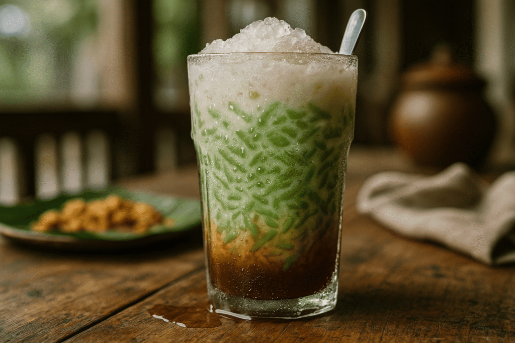 minuman khas bandung, minuman tradisional bandung, kuliner bandung, wisata kuliner bandung foto minuman khas Sunda di Bandung dengan penyajian autentik: es cendol dalam gelas kaca penuh es serut, bandrek jahe rempah dalam cangkir tanah liat, bajigur santan gurih manis dengan gula aren, teh poci melati dengan gula batu, semua ditata natural di meja kayu tua yang penuh noda dan bekas lama dipakai.