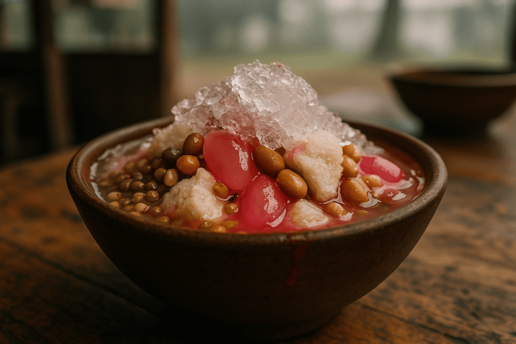 minuman khas bandung, minuman tradisional bandung, kuliner bandung, wisata kuliner bandung suasana meja kayu jati tua dengan gelas tanah liat berisi bandrek hangat beruap, es cendol segar berwarna hijau dengan gula aren, bajigur manis gurih bersantan, serta teh poci melati sederhana, atmosfer kuliner Sunda Bandung yang autentik, communal, dan humanis.