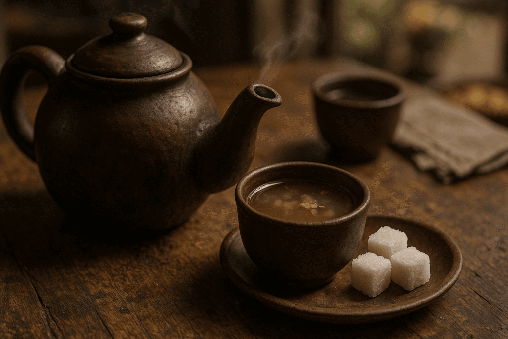 minuman khas bandung, minuman tradisional bandung, kuliner bandung, wisata kuliner bandung suasana meja kayu jati tua dengan gelas tanah liat berisi bandrek hangat beruap, es cendol segar berwarna hijau dengan gula aren, bajigur manis gurih bersantan, serta teh poci melati sederhana, atmosfer kuliner Sunda Bandung yang autentik, communal, dan humanis.
