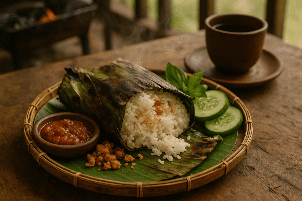 kuliner bandung, makanan khas bandung, wisata kuliner bandung makanan tradisional Sunda disajikan dengan autentik di atas daun pisang dan wadah tanah liat, mulai dari nasi liwet bambu, sate kambing berkuah sambal kecap, lalapan segar, sambal pedas, hingga minuman tradisional seperti bandrek dan bajigur, mencerminkan kekayaan cita rasa Bandung Jawa Barat yang legendaris.