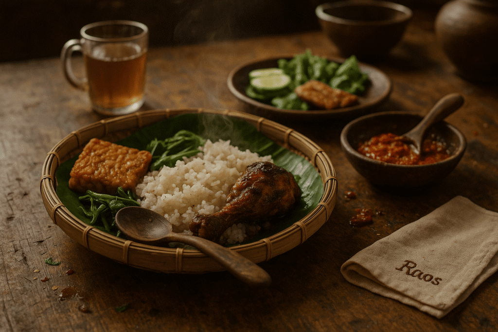 kuliner bandung, makanan khas bandung, kuliner tradisional bandung paket lengkap makanan Sunda tersaji di paviliun terbuka dengan pemandangan alam Bandung, hidangan nasi liwet dalam bambu, ayam bakar kecap, sate kambing, lalapan segar dengan sambal pedas, tahu tempe goreng panas, dan minuman tradisional segar, menciptakan pengalaman kuliner Bandung yang autentik, natural, dan fotogenik.
