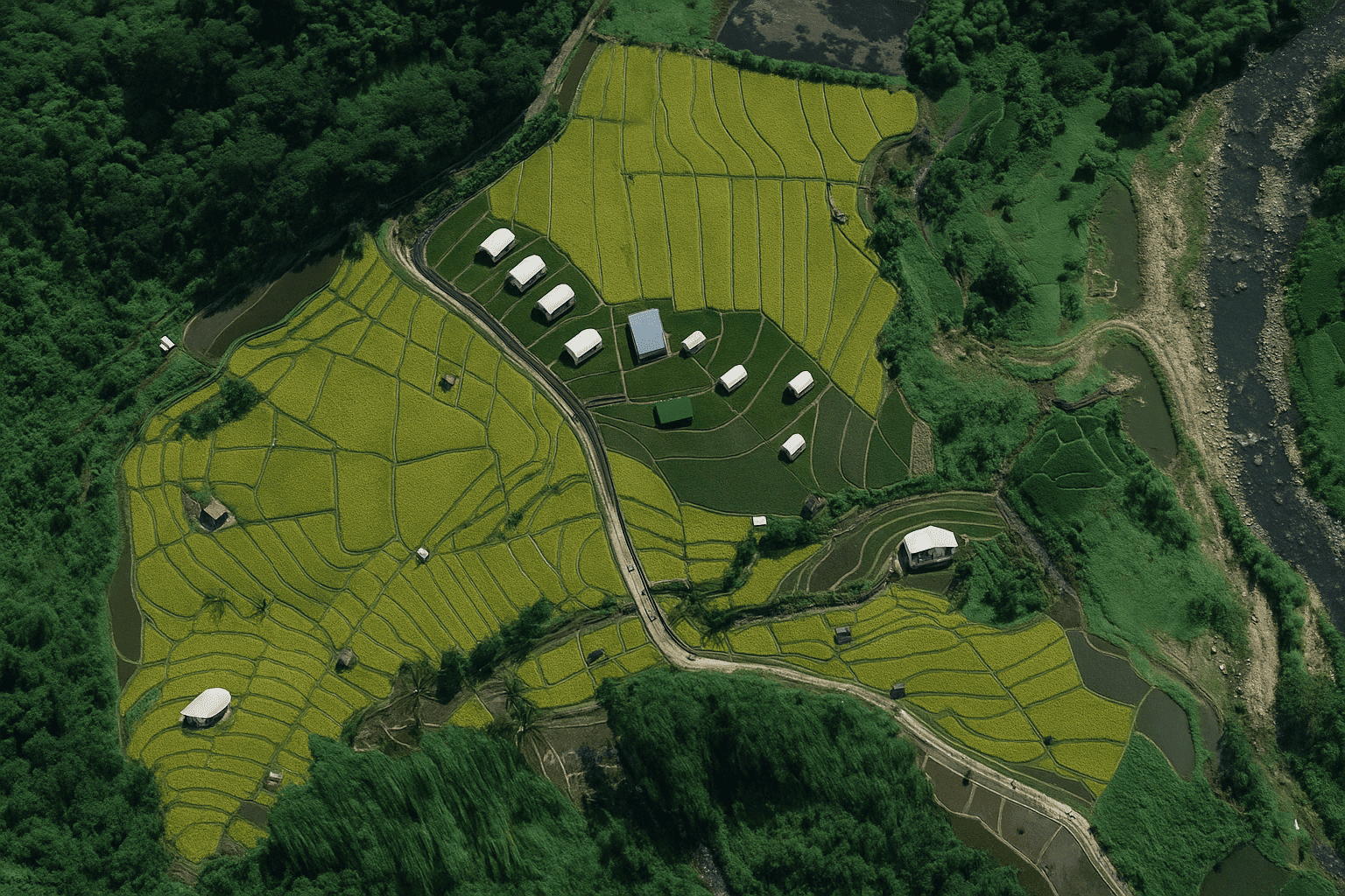 Panorama 360 deretan tebing, persawahan, dan aliran sungai di Cadas Gantung Bandung yang menampilkan resor alam untuk penginapan di Bandung, pengalaman wisata di Bandung dengan virtual tour, referensi tempat wisata keluarga, agrowisata, eduwisata, dan arah lokasi wisata Jawa Barat yang mudah diakses.