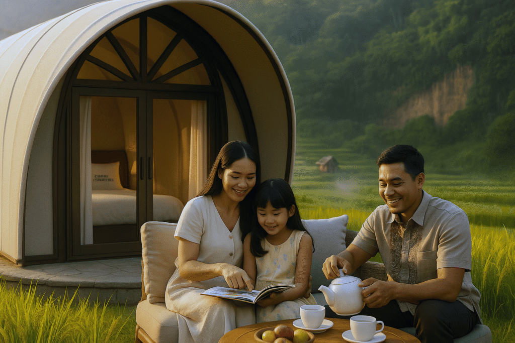 Area pasanggrahan Cadas Gantung sebagai resor di Bandung. Penginapan eco luxury dengan tenda mewah, restoran, dan bale pertemuan di tengah sawah dan tebing. Akses cepat ke tempat wisata Bandung dan alam Jawa Barat.