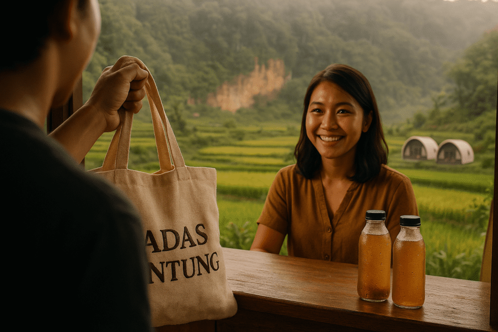 mart bandung, mart di bandung jawa barat, mart instagramable bandung tampilan paviliun semi-terbuka Cadas Gantung Mart, dinding bata merah ekspos, rak display kayu jati tua dengan noda bekas pakai, produk lokal ditata natural tanpa staging berlebihan, latar sawah dan tebing Bandung menciptakan pengalaman belanja berbeda sekaligus fotogenik.