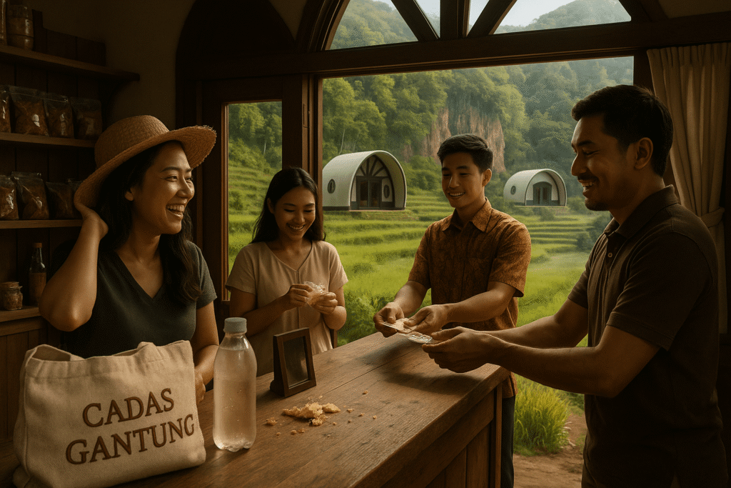 mart bandung, mart di bandung jawa barat, tempat belanja bandung suasana belanja di Cadas Gantung Mart, pengunjung Indonesia memilih produk kuliner tradisional Sunda, rak bambu berisi jajanan khas, etalase kaca dengan minuman herbal dan bandrek instan, atmosfer communal market Bandung yang natural, editorial, dan autentik.