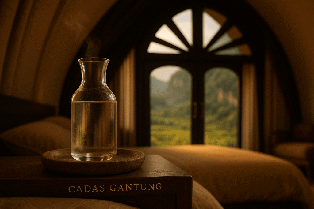 Interior luxury tent Cadas Gantung di Bandung, Jawa Barat, semua furnitur terlihat, double glass door, sunray arch window, side round window, ambience Tropical Warm–Cool, relevan untuk glamping Bandung dan wisata Bandung.