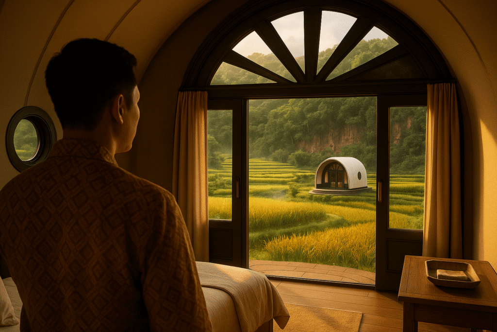 Interior luxury tent Cadas Gantung di Bandung, Jawa Barat, semua furnitur terlihat, double glass door, sunray arch window, side round window, ambience Tropical Warm–Cool, relevan untuk glamping Bandung dan wisata Bandung.