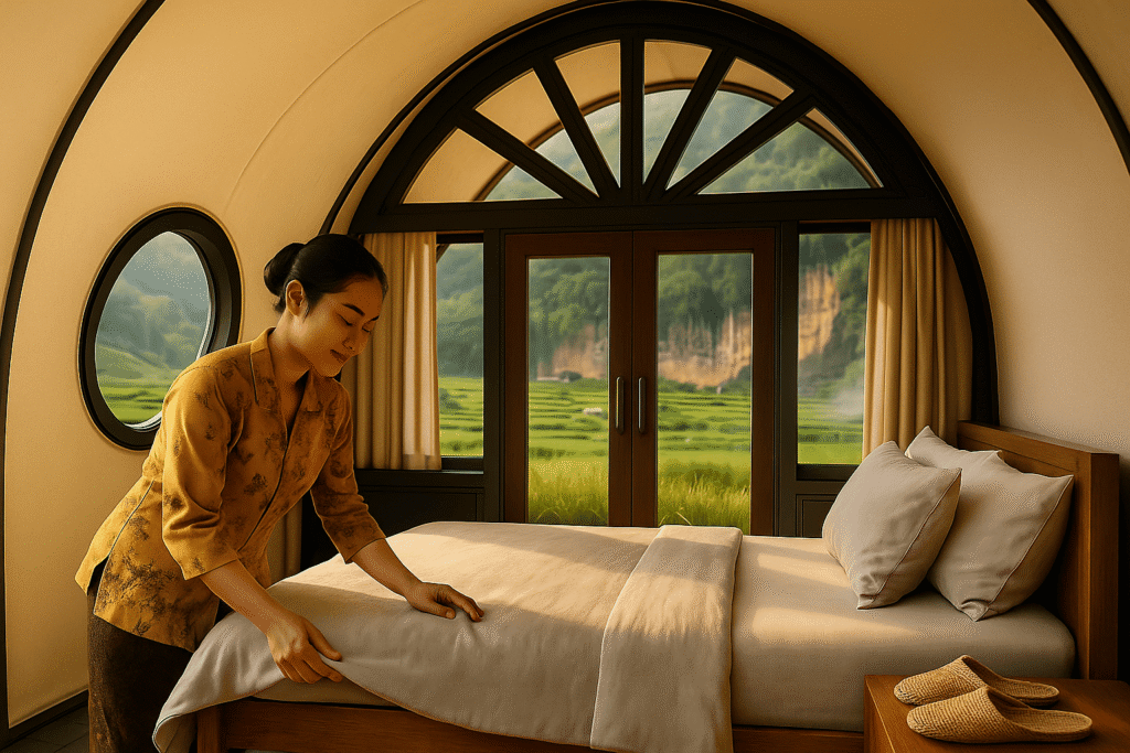 Interior luxury tent Cadas Gantung di Bandung, Jawa Barat, semua furnitur terlihat, double glass door, sunray arch window, side round window, ambience Tropical Warm–Cool, relevan untuk glamping Bandung dan wisata Bandung.