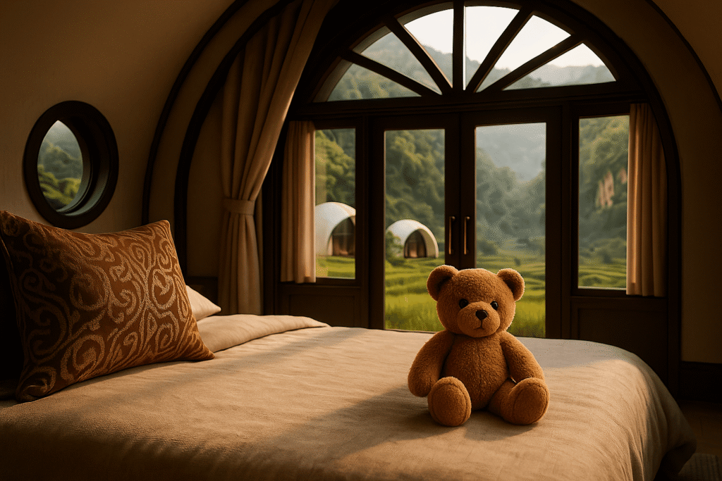 Interior luxury tent Cadas Gantung di Bandung, Jawa Barat, semua furnitur terlihat, double glass door, sunray arch window, side round window, ambience Tropical Warm–Cool, relevan untuk glamping Bandung dan wisata Bandung.