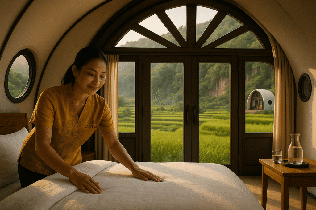 Interior luxury tent Cadas Gantung di Bandung, Jawa Barat, semua furnitur terlihat, double glass door, sunray arch window, side round window, ambience Tropical Warm–Cool, relevan untuk glamping Bandung dan wisata Bandung.