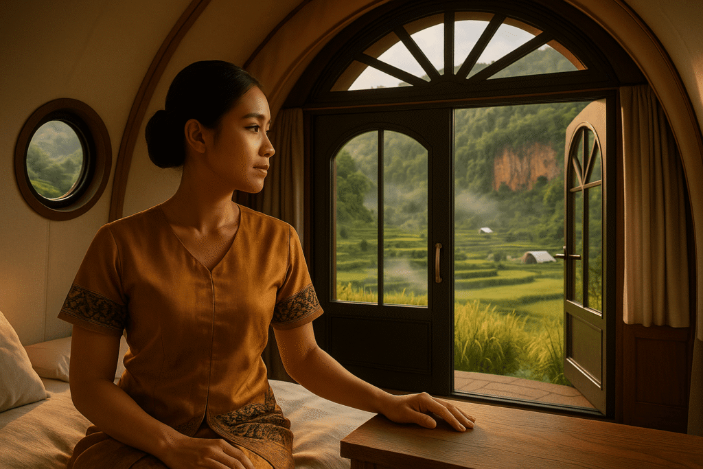 Interior luxury tent Cadas Gantung di Bandung, Jawa Barat, semua furnitur terlihat, double glass door, sunray arch window, side round window, ambience Tropical Warm–Cool, relevan untuk glamping Bandung dan wisata Bandung.