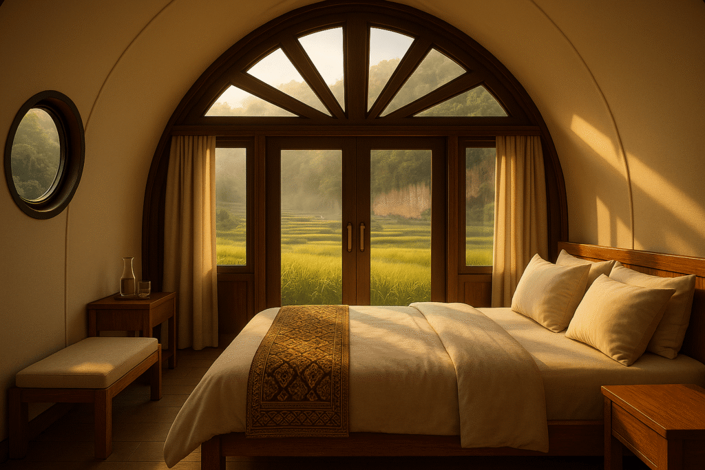 Interior luxury tent Cadas Gantung di Bandung, Jawa Barat, semua furnitur terlihat, double glass door, sunray arch window, side round window, ambience Tropical Warm–Cool, relevan untuk glamping Bandung dan wisata Bandung.