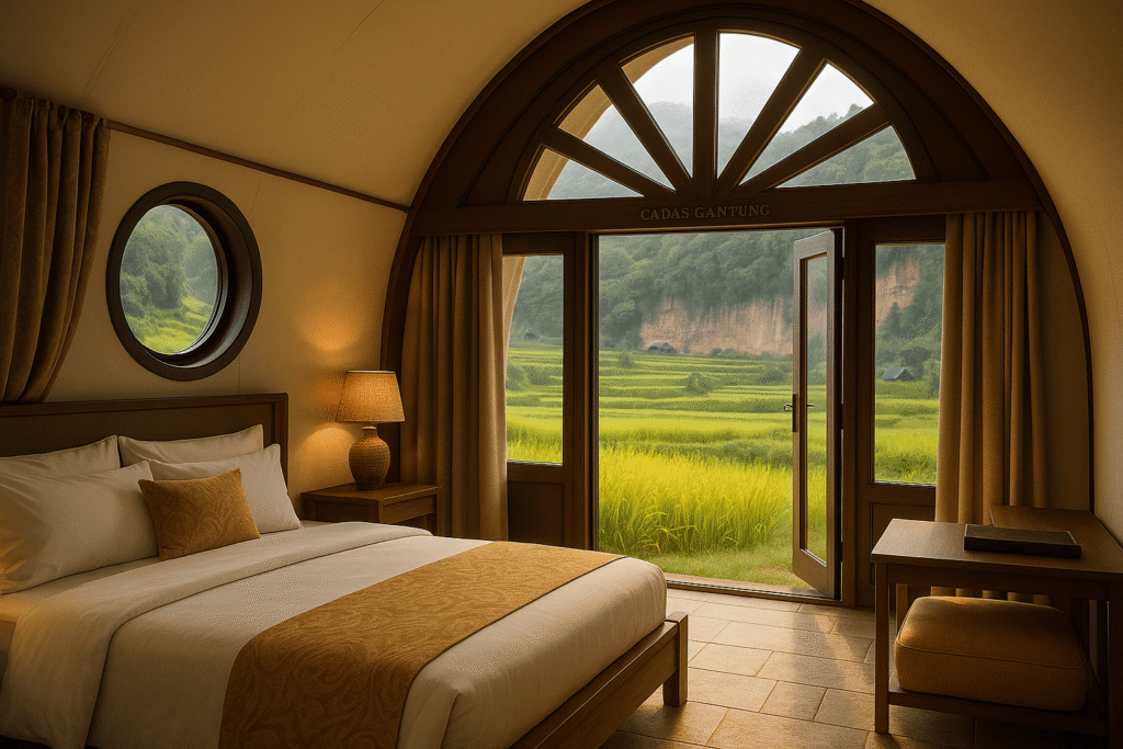 Interior luxury tent Cadas Gantung di Bandung, Jawa Barat, semua furnitur terlihat, double glass door, sunray arch window, side round window, ambience Tropical Warm–Cool, relevan untuk glamping Bandung dan wisata Bandung.