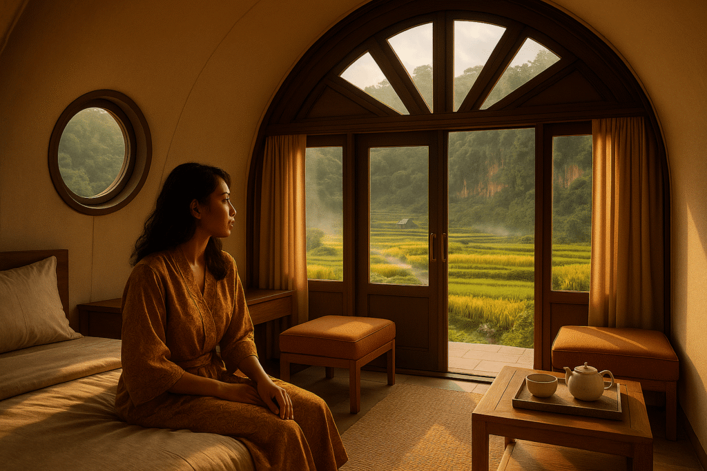 Interior luxury tent Cadas Gantung di Bandung, Jawa Barat, semua furnitur terlihat, double glass door, sunray arch window, side round window, ambience Tropical Warm–Cool, relevan untuk glamping Bandung dan wisata Bandung.