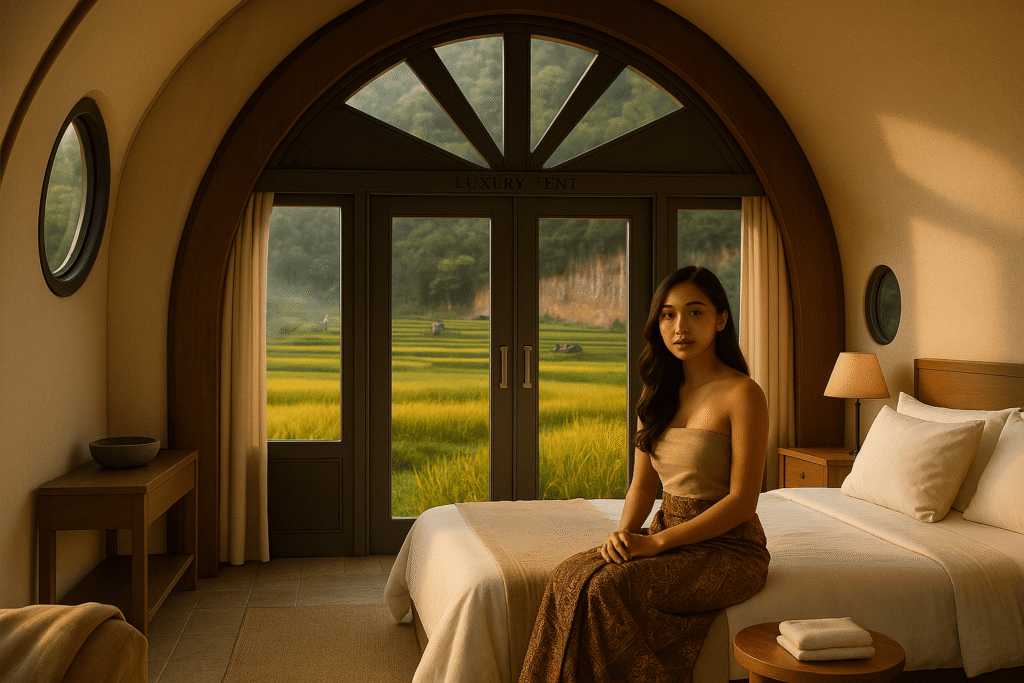 Interior luxury tent Cadas Gantung di Bandung, Jawa Barat, semua furnitur terlihat, double glass door, sunray arch window, side round window, ambience Tropical Warm–Cool, relevan untuk glamping Bandung dan wisata Bandung.