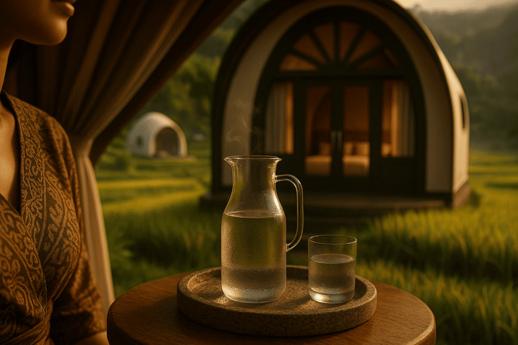 Interior luxury tent Cadas Gantung di Bandung, Jawa Barat, semua furnitur terlihat, double glass door, sunray arch window, side round window, ambience Tropical Warm–Cool, relevan untuk glamping Bandung dan wisata Bandung.