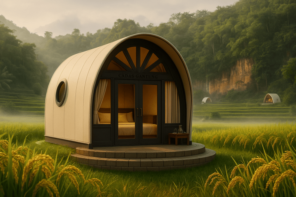 Interior luxury tent Cadas Gantung di Bandung, Jawa Barat, semua furnitur terlihat, double glass door, sunray arch window, side round window, ambience Tropical Warm–Cool, relevan untuk glamping Bandung dan wisata Bandung.