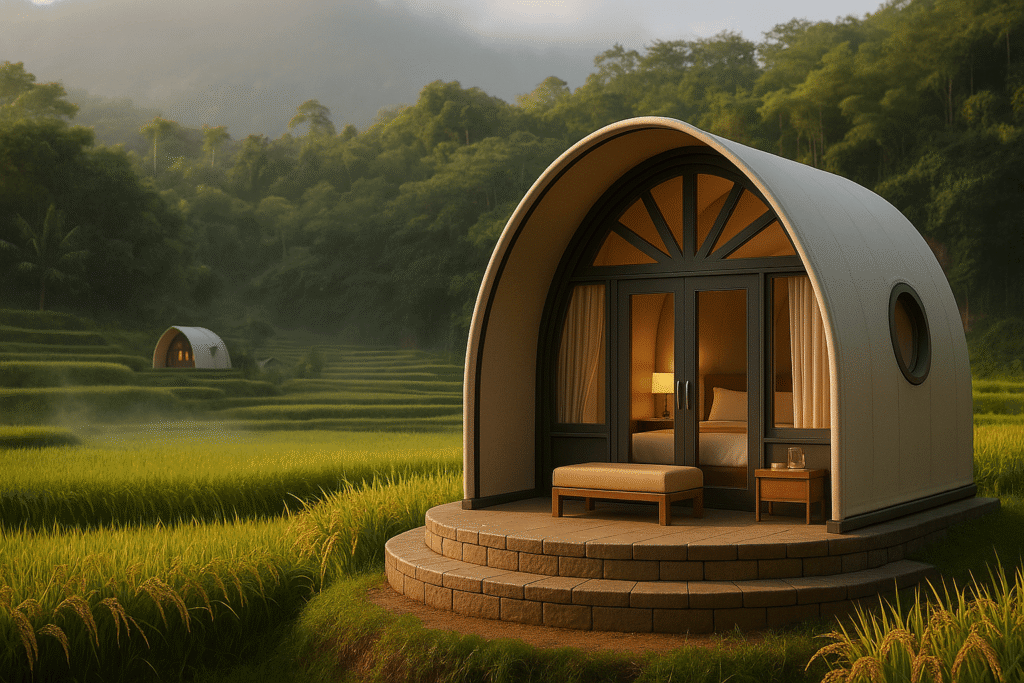 Interior luxury tent Cadas Gantung di Bandung, Jawa Barat, semua furnitur terlihat, double glass door, sunray arch window, side round window, ambience Tropical Warm–Cool, relevan untuk glamping Bandung dan wisata Bandung.