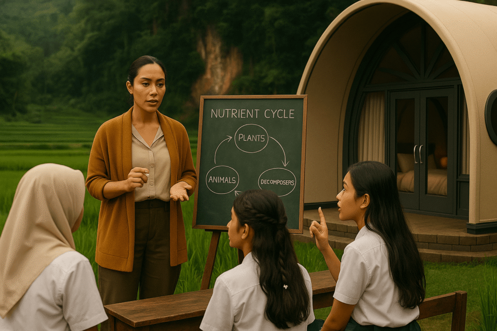 Wisata edukasi Bandung menghadirkan observasi lapangan sawah dan holtikultura, mengenalkan klasifikasi tanaman, morfologi daun, serta konsep simbiosis ekologis.