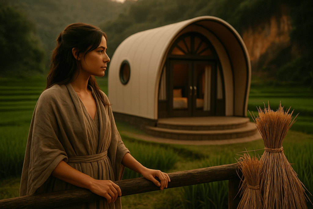 Fotografer menangkap momen matahari terbit di kawasan agrowisata Bandung Jawa Barat dengan siluet petani bekerja di hamparan sawah yang memantulkan cahaya.