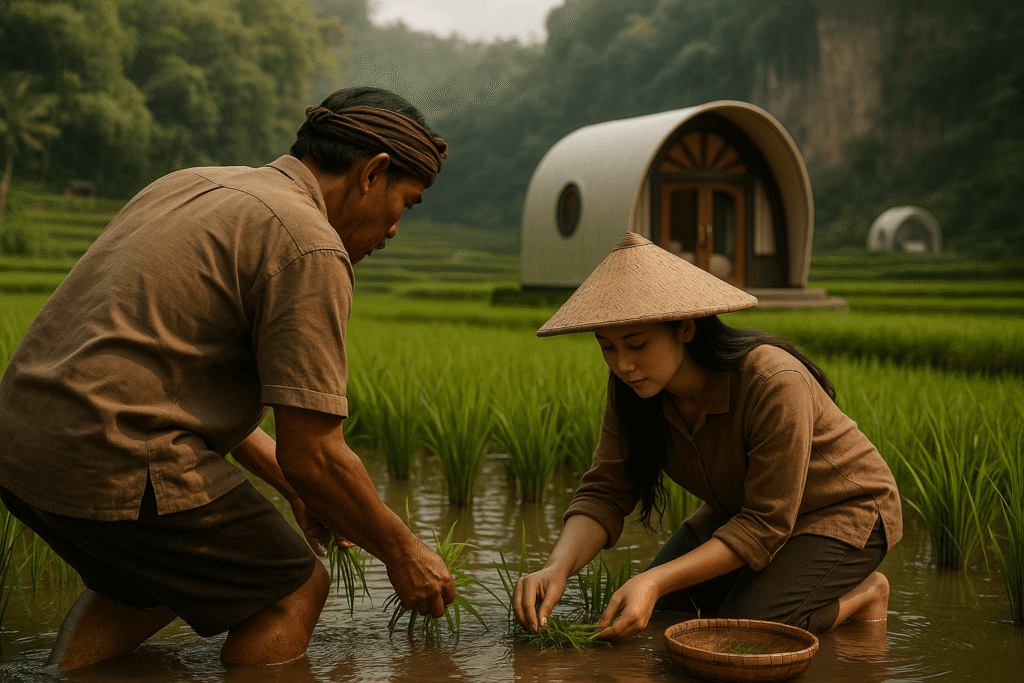 Pengunjung ikut wisata agro di Bandung dengan aktivitas tanam bibit, pemeliharaan pohon, dan belajar proses pertanian.