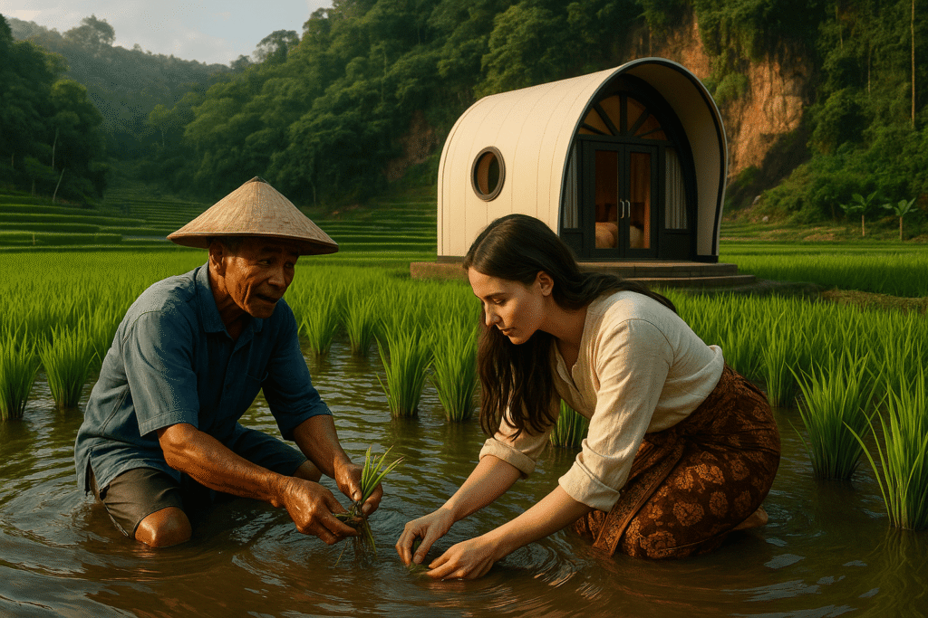 Pengunjung menikmati agrowisata di Bandung dengan aktivitas menanam sayuran, memetik buah segar, dan berinteraksi dengan petani.