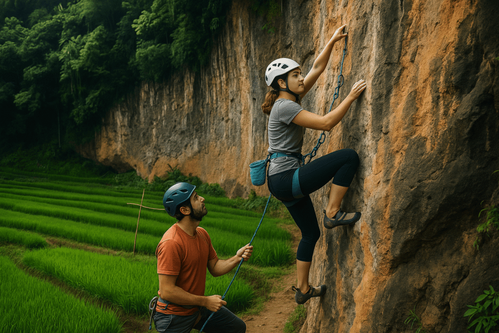 Wisata adventure di Bandung melalui panjat tebing menonjolkan kekuatan fisik, keseimbangan, dan kedekatan dengan alam terbuka.