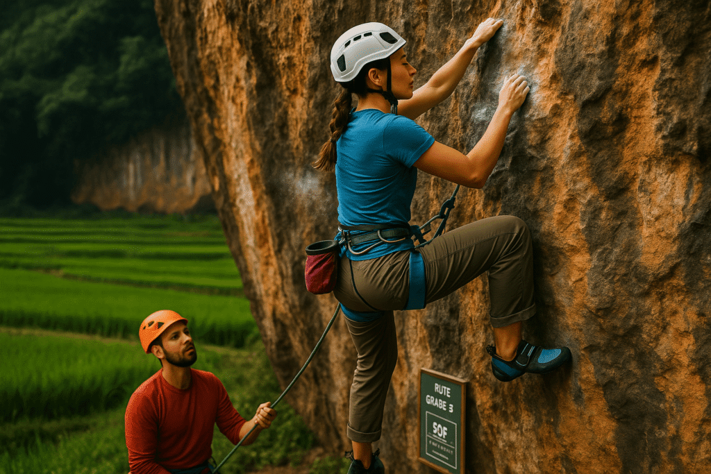 Wisata adventure di Bandung memberikan pengalaman mendaki tebing batu tinggi dengan pandangan luas ke arah pegunungan.