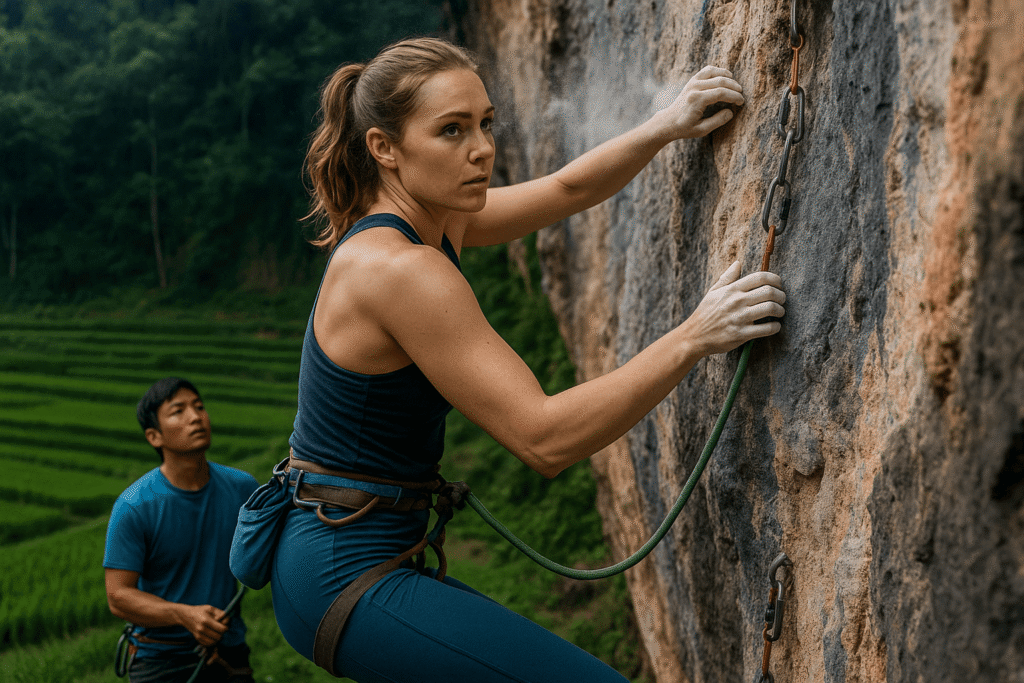 Petualangan outdoor di Bandung melalui panjat tebing menciptakan momen penuh semangat dan keindahan alam alami.