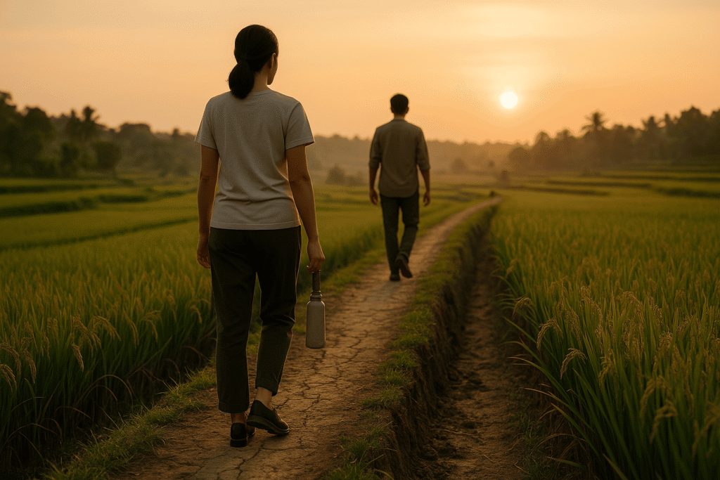 Panorama wisata agro di bandung menghadirkan menanam bibit, berjalan di pematang, serta observasi sunset dari living frame empat enam meter.
